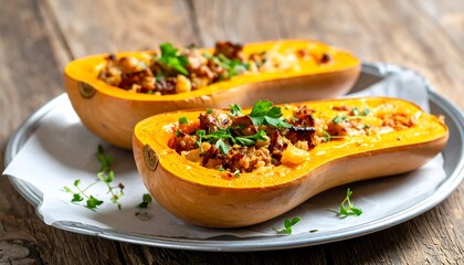 Stuffed Butternut Squash Halves with Savory Filling and Fresh Herbs.