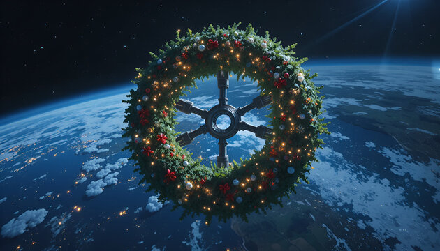 A festive space station adorned with a christmas wreath orbits above earth - Powered by Adobe