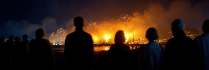A silhouette of a crowd gazing at a breathtaking fireworks display lights up the night sky, merging excitement and wonder in a communal experience of celebration.