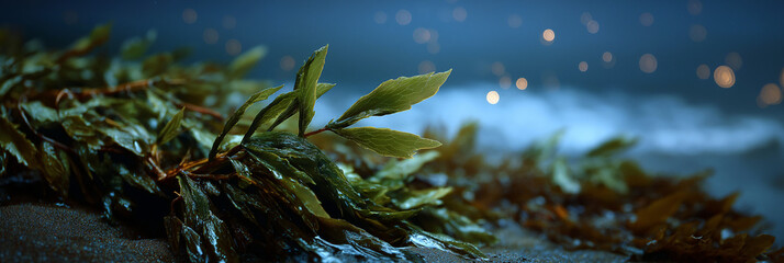 This image captures a tranquil seaside scene with vibrant green seaweed illuminated against a soft, shimmering background of night, evoking peace and connection with nature.