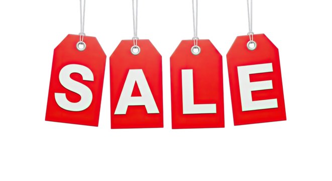 Four red sale tags hanging against a black background