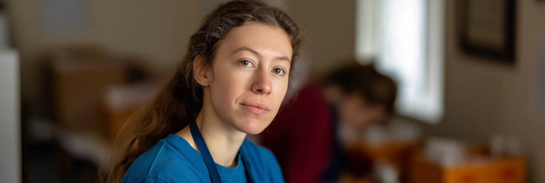 A portrait of a thoughtful young woman, seated in a workshop space, conveys creativity, focus, and the pursuit of artistic endeavors alongside collaborative efforts in a workspace.