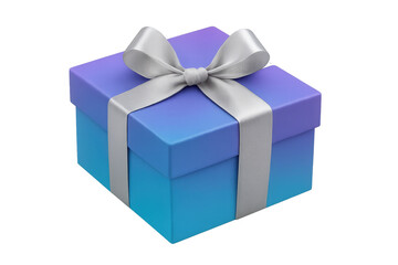 Obraz premium Gift box with gradient blue and purple colors and a shiny silver ribbon bow on transparent background