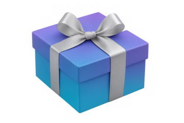 Gift box with gradient blue and purple colors and a shiny silver ribbon bow on transparent background