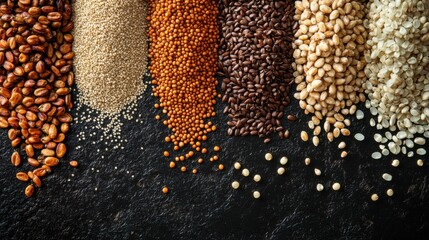 Assortment of various grains and seeds on black stone background