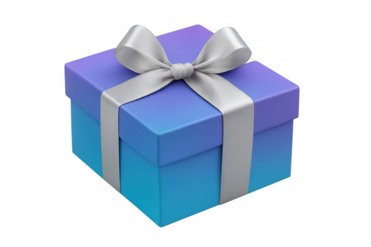 Gift box with gradient blue and purple colors and a shiny silver ribbon bow on transparent background