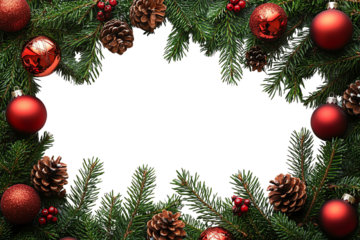 Christmas wreath border with festive ornaments, pinecones, and greenery on a white background.