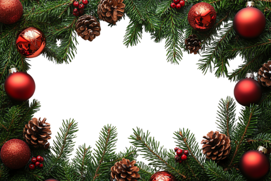 Christmas wreath border with festive ornaments, pinecones, and greenery on a white background.