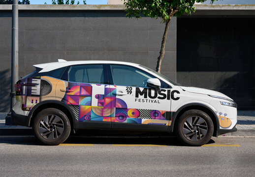 White SUV Parked on a City Street. Car mockup