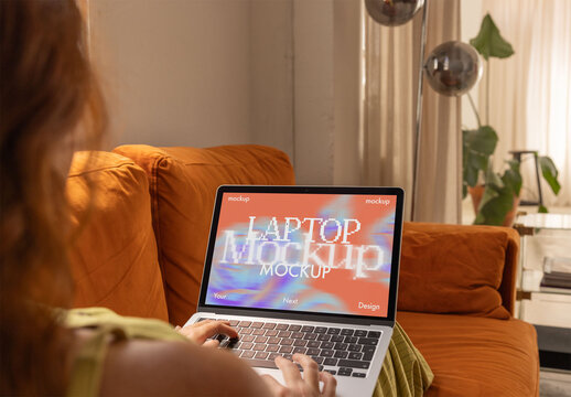 Mockup of Laptop in a Cozy Living Room Setting