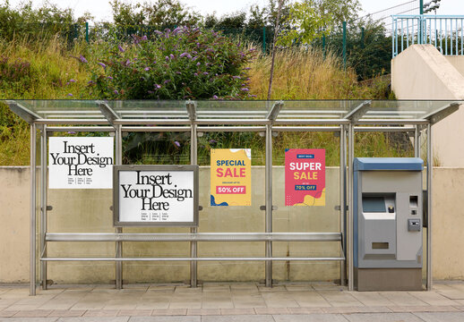 Bus Stop Mockup With Ticket Machine and Blank Ads in Dublin