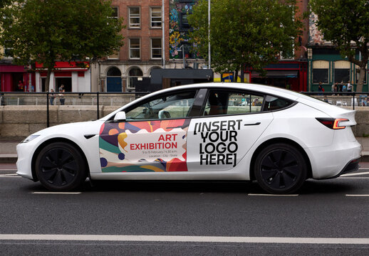 Mockup of Modern Electric Vehicle Parked on Dublin Urban Street 