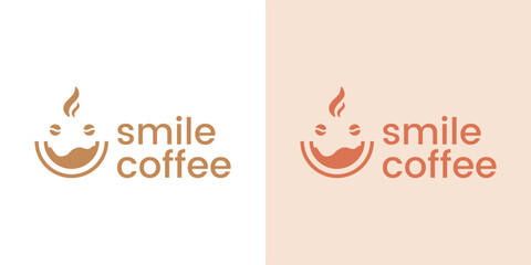 Minimalist and cheerful logo of a coffee cup forming a smiling face with coffee bean eyes, ideal for cafes, roasters, or beverage brands.