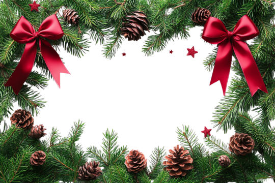 Christmas wreath with pine cones and red bows, perfect for festive decorations and holiday-themed backgrounds.