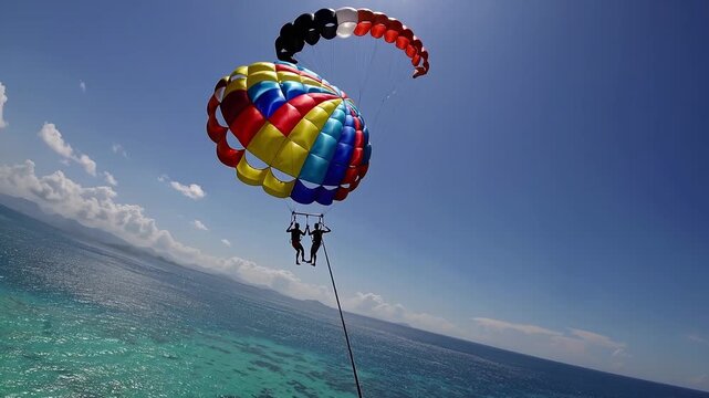 A man and a woman parasail high above the ocean, suspended beneath a colorful parachute that catches the sunlight. The man and the woman enjoy the thrilling view of the blue waters