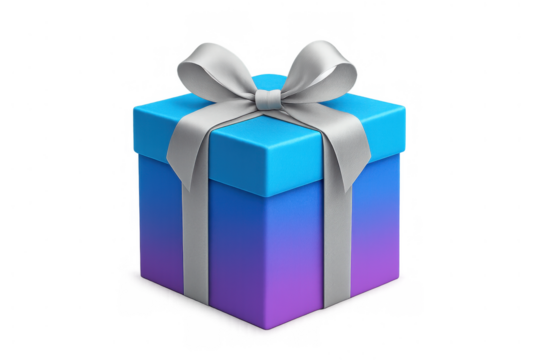 Blue and purple gift box with silver ribbon and bow, symbolizing celebration, holidays, and special occasion surprises