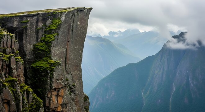 Dramatic sheer cliff face with green vegetation against a misty mountain landscape and cloudy sky
