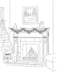 A cozy New Year's scene sketch featuring a fireplace with roaring flames, festive Christmas tree with ornaments, and glasses of champagne, capturing warm holiday cheer and celebration in a charming, i