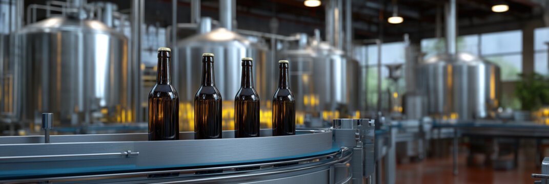 A modern brewing facility showcasing bottles moving along a production line surrounded by metallic tanks, illustrating the industrial side of craft beer production.