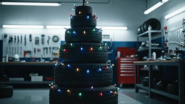 Automotive Shop Christmas Tree - This festive stock video displays a unique Christmas tree made of stacked tires and adorned with colorful Christmas lights, placed inside an automotive repair shop.