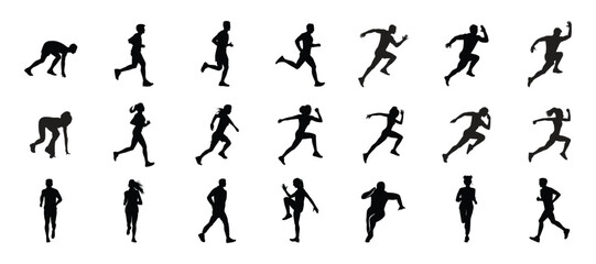 Fototapeta premium Man running silhouette. Run, running men and women, group of isolated vector silhouettes.