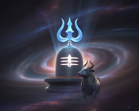 Illustration of a captivating digital painting of a shiva lingam with nandi bull, set against a cosmic background