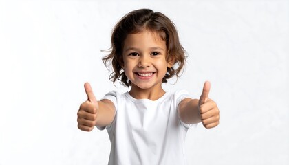 Enthusiastic young girl giving thumbs up with a bright smile.