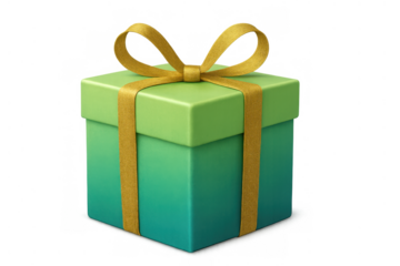 Gift box with a vibrant green gradient and golden ribbon, symbolizing giving, celebration, surprise, and joy, on transparent background