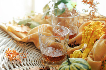 Rustic Thanksgiving table with whiskey in cut glass