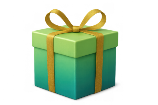 Gift box with a vibrant green gradient and golden ribbon, symbolizing giving, celebration, surprise, and joy, on transparent background - Powered by Adobe