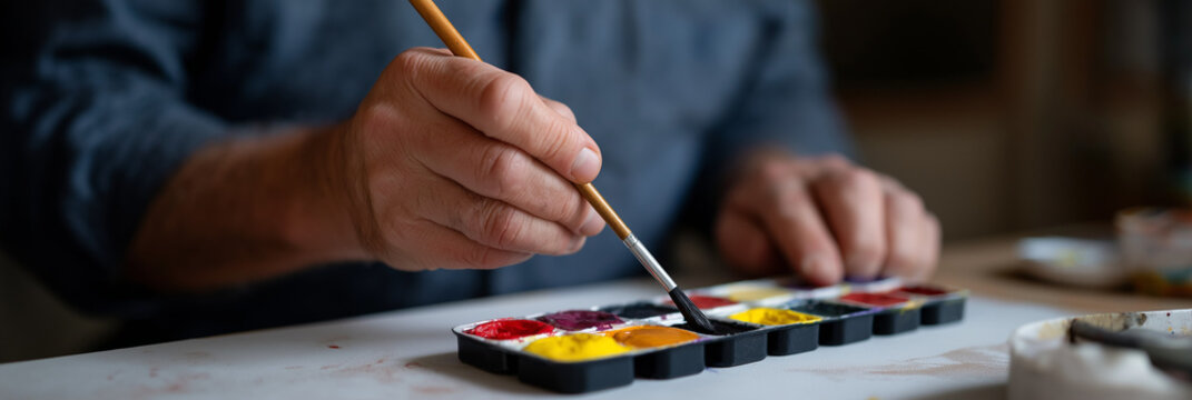 A focused artist engages with watercolors, skillfully selecting hues from a palette, showcasing creativity and the beauty of artistic expression in action.