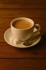 Obraz premium Minimalist rustic coffee scene with white porcelain cup, saucer, and sugar cubes