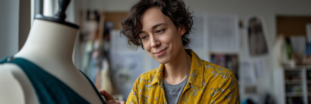 A fashion designer carefully adjusting a sewing pattern on a dress form, surrounded by a creative workspace filled with fabrics and crafting materials.