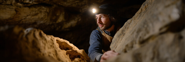 A brave caver carefully navigates through dark caves illuminated by a headlamp, embodying the spirit of adventure and the thrill of exploration in nature's depths.
