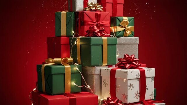 Stacked Christmas Presents on Red Background - A stack of Christmas presents in green, red, white, and silver are arranged on a red background.