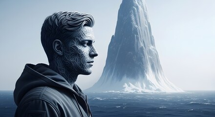A contemplative figure gazes towards a towering iceberg amidst the vast ocean, reflecting on existence