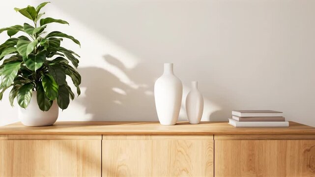 Minimalist Interior Decor with Plant and Vases - A bright, minimalist room features a wooden cabinet with a green leafy plant, two white vases, and a stack of books on top.