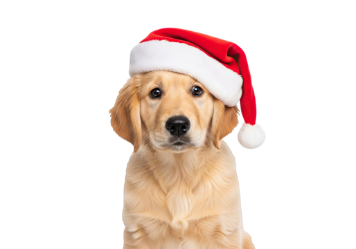 Cute Golden Retriever puppy celebrating the holidays with a Santa Claus hat.