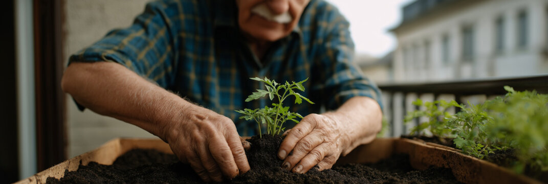 An elderly man gently plants a young tomato seedling, reflecting dedication to gardening and connection to nature while promoting health and sustainable living practices.