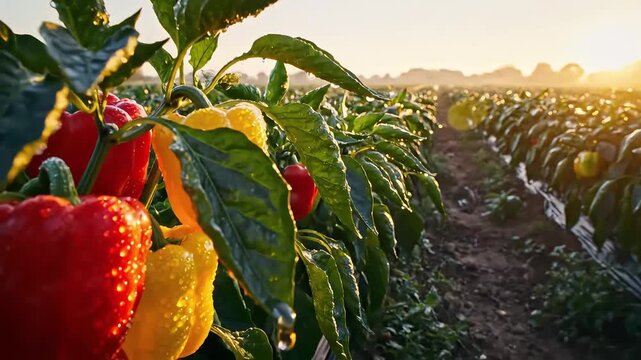 Vibrant Red and Yellow Bell Peppers Growing in a Field at Sunrise.