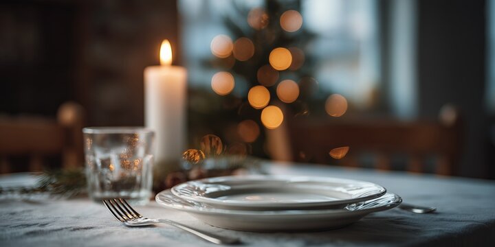 Single place setting with candle glass plate fork on table twinkling tree background. Poignant solo Christmas dinner, quiet holiday solitude vibe.
