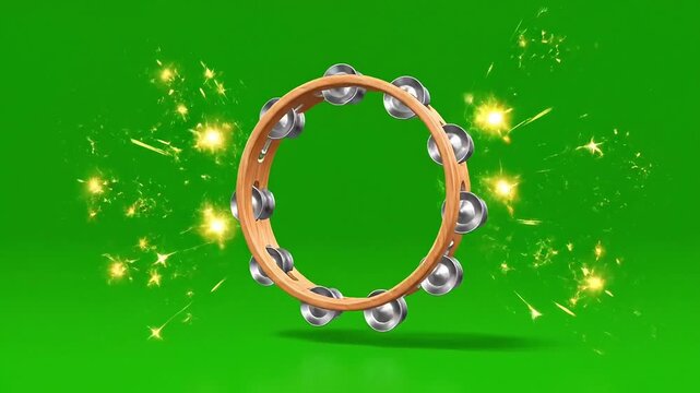 Festive tambourine with sparkling lights on a vibrant green background
