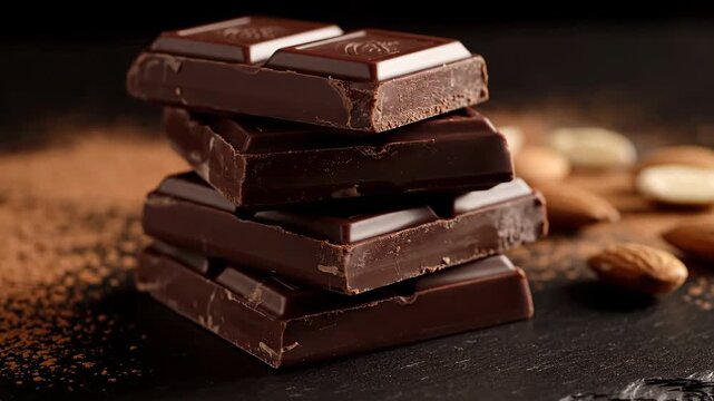 Stack of Dark Chocolate Blocks - A close-up shot features a stack of four dark chocolate blocks, neatly arranged on a dark surface.