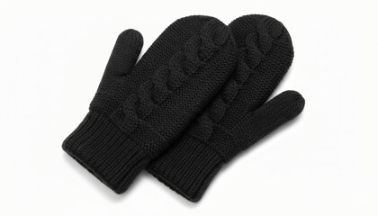 Black mittens with thumbs, isolated on white background. Winter accessories, warm clothing, handwear, knitting, comfort, cozy, cold weather gear.