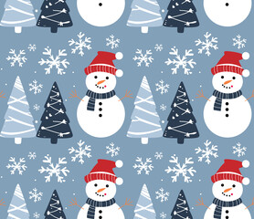 cute snowman seamless pattern for kids, creative snowflake and tree wallpaper design 