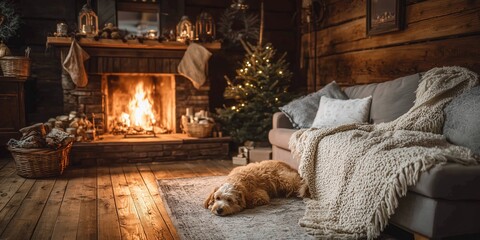 Cozy rustic living room with burning fireplace, soft sofa and sleeping dog on wooden floor. Peaceful winter evening in warm, quiet holiday home.