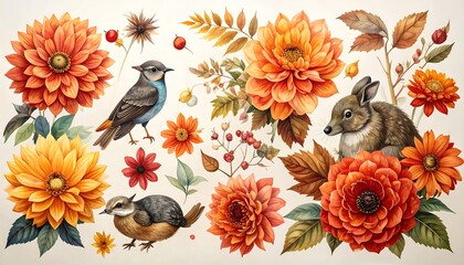 Autumnal Harmony - A Watercolor Symphony of Flora and Fauna.