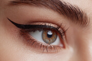 Obraz premium Beauty close up of expressive eyes with blended eyeshadow and clean brow styling. Subtle makeup effect highlighting eye shape, lashes and skin texture.