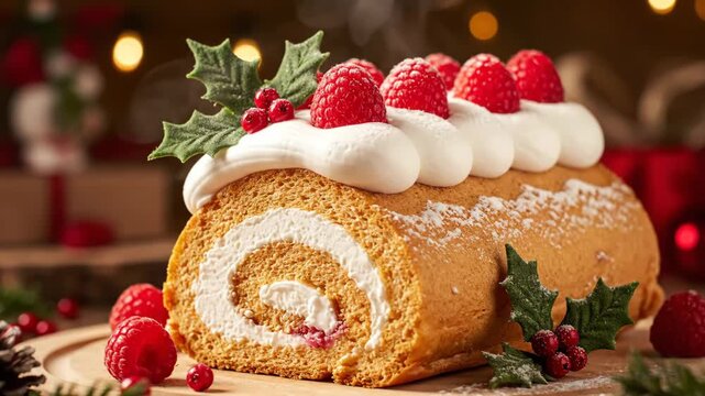 Festive Raspberry Swiss Roll - A beautifully decorated Swiss roll cake sits on a wooden board, adorned with a row of fresh raspberries and dollops of white whipped cream.