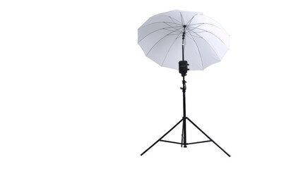 Professional studio photography umbrella lighting equipment with softbox and light stand for portrait, fashion, and product photoshoot setup on white background